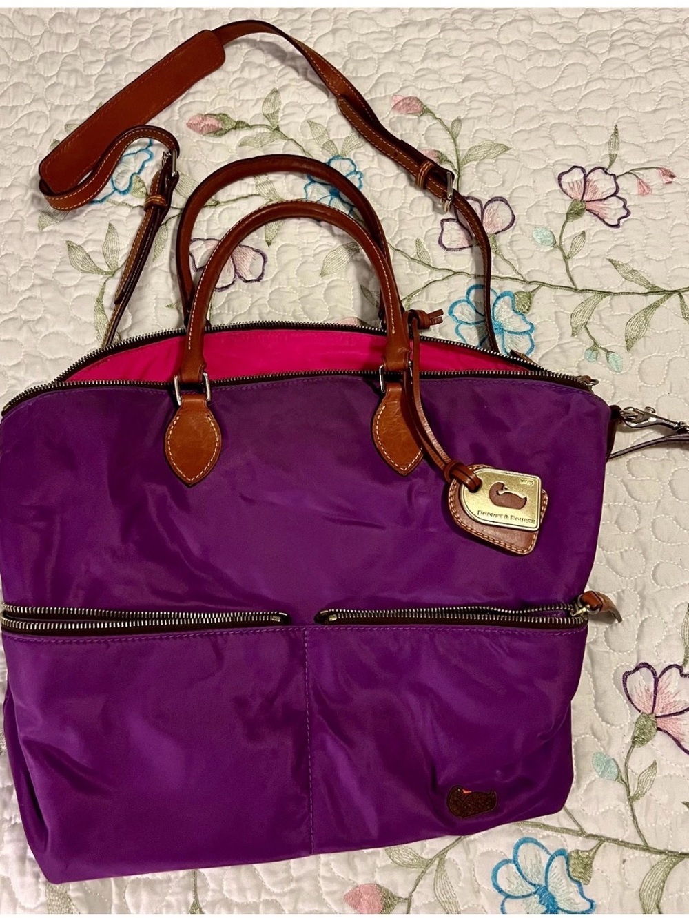 Dooney & Bourke Purple Nylon Tote Bag with Brown Leather Trim
